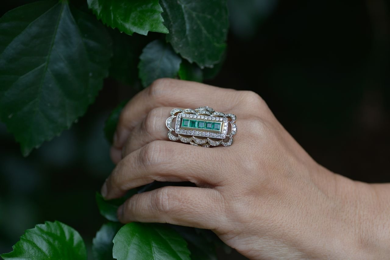 Fashion Rings Close-up of a hand wearing a luxurious emerald and diamond ring surrounded by vibrant green leaves.