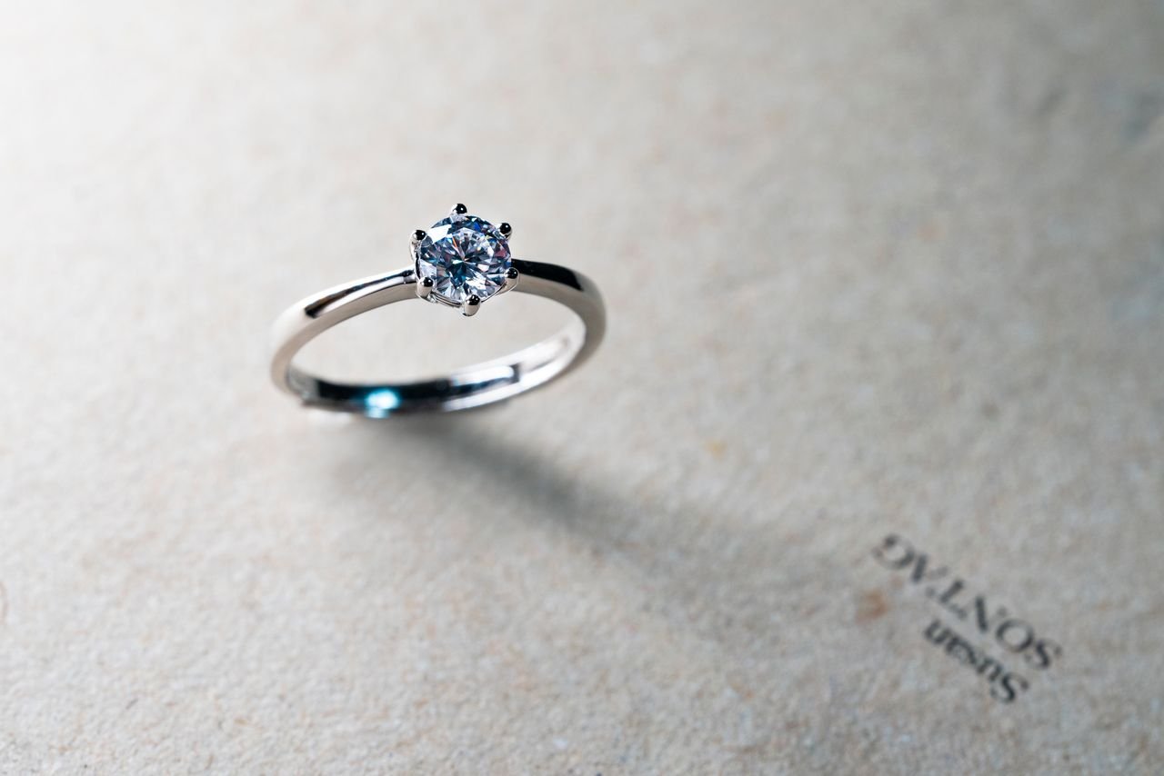 Promise Rings Close-up of a luxurious solitaire diamond engagement ring on textured paper.