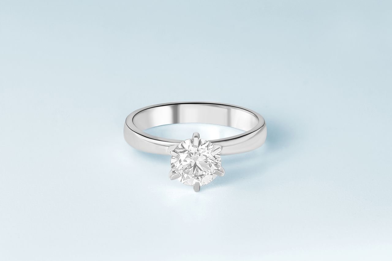 Close-up of a luxurious solitaire diamond engagement ring with a clear background.